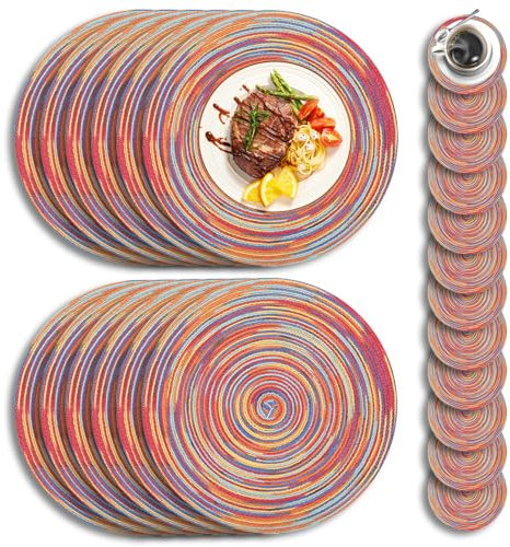 12er Set Runde Tischsets aus Baumwolle (34 cm) mit Untersetzer - Geflochtene, Abwaschbare Platzsets - Hitzebeständig & Schmutzabweisend - Ideal für Küche, Esszimmer, Weihnachten, Feste, Tischdeko