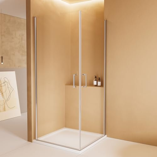EMKE Duschkabine 90x90 Eckeinstieg Pendeltür Dusche, Duschabtrennung Komplettdusche Eckeinstieg Duschkabine Duschtür Falttür, 6mm Duschwand Glas Duschkabinen Höhe 195 cm