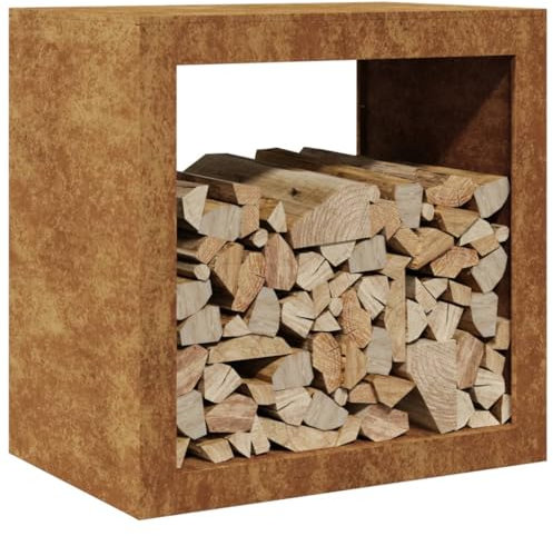 Gecheer Brennholzregal außen Kaminholzregal Metall Feuerholzregal Kaminholzunterstand Kaminholzständer Kaminholzkorb Holzlager Holzstapelhilfe für Garten Terrasse, 60x40x60 cm Cortenstahl