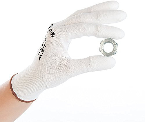 FRANZ MENSCH 12 Stück Hygostar Feinstrickhandschuhe Ultra Flex Finger | PU-Beschichtung, Packung, weiß, 9/L, L: 25cm, Arbeitshandschuhe, Nylonhandschuhe, Werkstatthandschuhe
