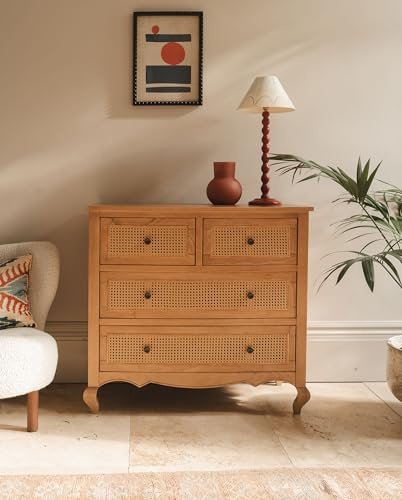 Louis Oak Wood Chest of Drawers with Rattan Cane Fronts | W100cm H93cm D46cm | 2 over 2 Chest | Assembled French Bedroom Furniture
