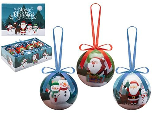 12 Cute Christmas Baubles - Fun Santa Decoupage Tree Decorations - Hanging Ornaments - 75mm 7.5cm Glossy Boxed Set