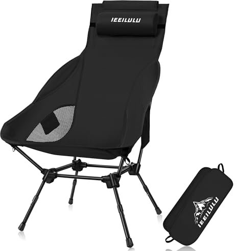 IEEILULU Campingstuhl Faltbarer Hochlehner, Ultraleicht Tragbare Campingstuhl 130KG Tragkraft, Anglerstuhl Klappbar mit 2 Seitentaschen, Hochlehner Faltstuhl für Outdoor Wandern Picknick (Schwarz)