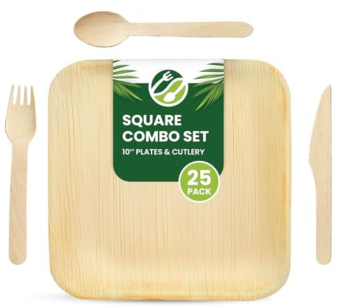 Eco Leaf 100pcs Disposable Palm Leaf Plates & Wooden Cutlery Set – 25 Large Square Plates, 25 Forks, 25 Knives, 25 Spoons – Eco-Friendly, Biodegradable, Perfect for Parties, Weddings, and Events