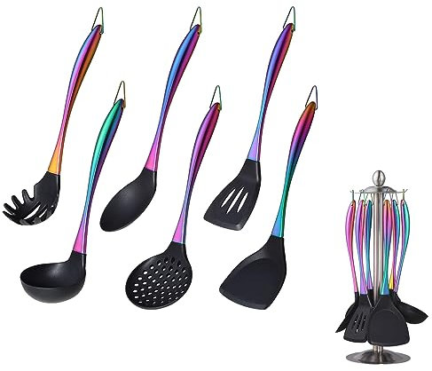 Juego de utensilios de cocina de silicona de 7 piezas con soporte para bandeja de pasta resistente a los arañazos y al calor espátula servidor espátula para servir cuchara ranurada color arco iris