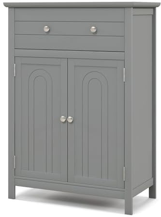 COSTWAY Bathroom Floor Cabinet, Freestanding Storage Cupboard with Drawer, Double Door and Adjustable Shelf, Wooden Bathroom Unit Side Cabinet for Living Room Hallway, 60x30x80cm (Grey)