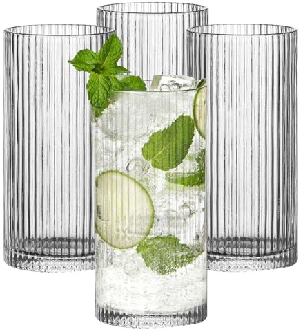 WANDGU Set di 4 bicchieri lunghi drink scanalati da 360 ml: tazze da caffè, bicchieri in vetro trasparente, vetro di alta qualità, tazze da caffè per tè, latte, whisky, succhi, mojito