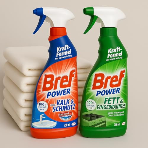 Bref Power SET (2er Pack), 1x gegen Kalk und Schmutz, Kalkreiniger, (750 ml) & 1x gegen Fett und Eingebranntes, Fettlöser, (750 ml) + 5 Mikrofasertücher + Purlife Sticker