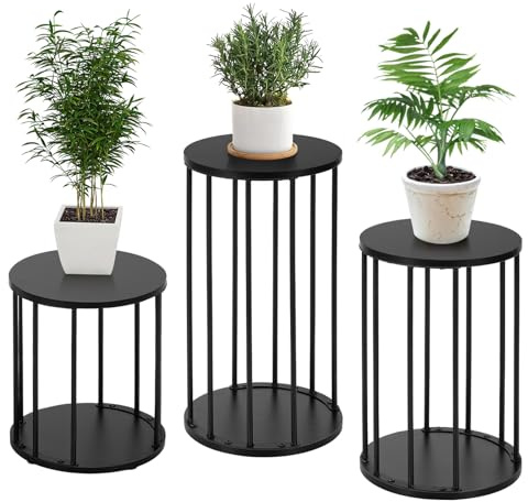 HDANI 3er-Set Rund Pflanzenständer Metall 35/45/55cm,Solider und Robuster Blumenständer für Wohnzimmer, Garten,Balkon, Blumenhocker Holzfür,Schwarz