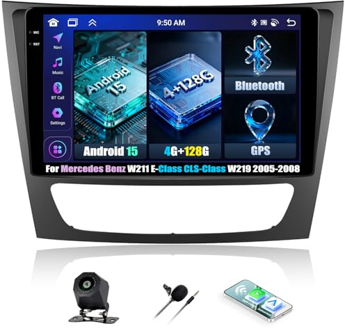 OiLiehu 4G+128G Android Autoradio para Mercedes Benz W211 Clase E Clase CLS W219 2005-2008 Carplay Android Auto Pantalla Radio Coche 9 Pulgadas Bluetooth FM RDS GPS WiFi SWC EQ Camara Marcha Atras