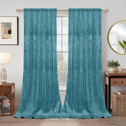 Rosnek Samt Gardinen Vorhang Kräuselband 2er Set, H244 x B132 cm Thermogardine Luxus Vorhang Blickdicht mit Muster, Übergardinen Vorhänge Verdunkelung Barock Deko für Wohnzimmer, Hellblau
