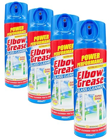 Elbow Grease Glass Cleaner Aerosol - Super Shine, Foaming Action | Cleans Windows, Mirrors, Glass - Streak Free (400ml) (Pack of 4)