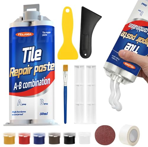 Shyllin Kit Reparation Carrelage 50 ml,Kit Réparation Émail Baignoire Imperméable pour la Céramique, le Carrelage, les Éviers, la Réparation des Bosses, des Fissures, des Trous, des Rayures