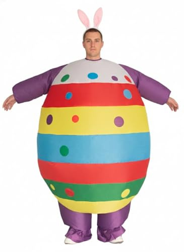 Muuyanjee Inflatable Easter Egg Costume for Adults, Rainbow Color Blow Up Egg Suit with Bunny Ears, Funny Easter Bunny Cosplay Outfit for Easter Party, Parade, Spring Festival Cosplay