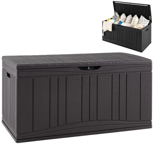 COSTWAY 300L/380L Garden Storage Box, Waterproof Resin Deck Box Bench with Lockable Lid & Side Handles, Wood Texture Outdoor Patio Storage Container for Cushion Tool Toy (Brown,300L)