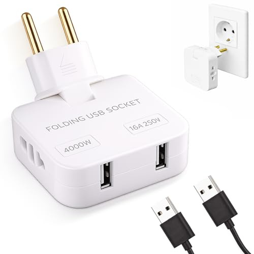 Ladron Enchufe Plano, 2 Puertos de Carga USB y 2 Enchufes, Mayor Potencia y Diseño Fino, Enchufe Plano Pared extraplano Giratorio 180º, ladrón Enchufe Plano, Enchufe Multiple Plano