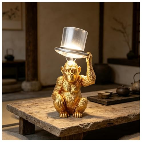 Gold Monkey Tischlampe mit Zylinderhut - Skulpturale Tier Schreibtischlampe, lustige kreative dekorative Lampe skurrile Tierskulptur Nachtlicht für Wohnzimmer, Schlafzimmer, Affenliebhaber