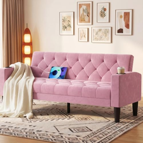 ROCSUMOO Sofa 2 Sitzer Klein, 151 cm 2er Mini Couch (Samtstoff Rosa) | mit Ladeports & Becherhaltern & Armlehne, Modernes Zweiersofa, Liegesofa für Wohnzimmer Büro Jugendzimmer