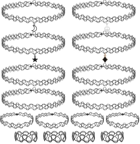 YUXMU 16 teiliges Schwarz Elastisch Choker Damen,Halskette Armband Ring Set | Tattoo Choker Kette 90er Jahre Style Accessoires, Gothic Vintage Schmuck Set 80er 90er Jahre Outfit