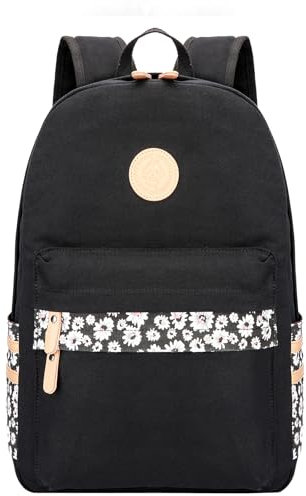 mygreen Kinder-Rucksack, Kawaii-Mädchen-Rucksack für Schule im Alter von 8–12 Jahren, Schwarz, Blume, 15 Zoll Laptop, 15.6 inch laptop, Blumendruck