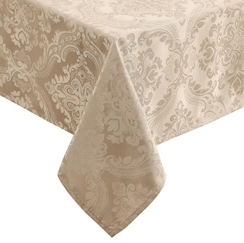 Elrene Home Fashions Caiden Elegance Damask Waterproof, Stain & Wrinkle Resistant Fabric Tablecloth, 60 x 84 Oblong/Rectangle, Taupe