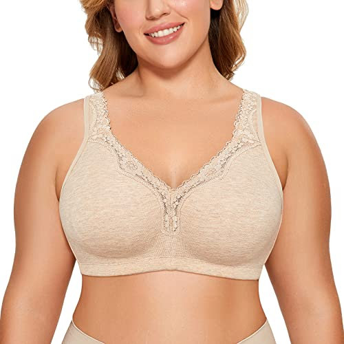 Delimira Women's Non Wired Bras Full Coverage Cotton Comfort Bra Plus Size Non Padded Soft Bras Oatmeal Heather 44D