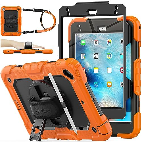 SEYMAC stock Case for iPad Mini 5th/4th Generation 7.9'', Full-body Protective Case with Screen Protector, Pencil Holder, 360° Rotating Stand & Hand Strap for iPad Mini 5/ Mini 4, Orange