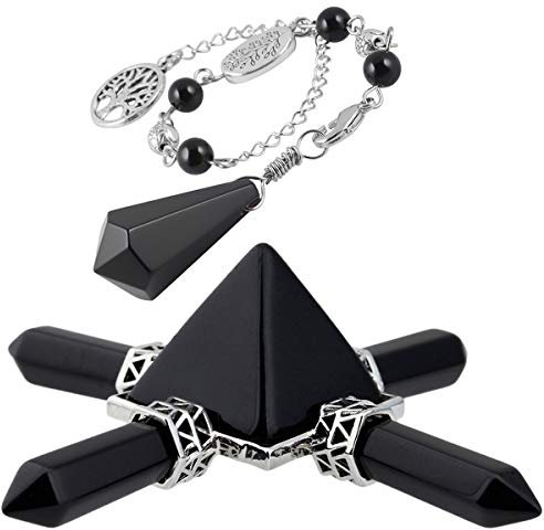 Nupuyai Obsidian Healing Crystal Kit, Energy Pyramid with 4 Stone Point Wand Dowsing Pendulum Collection Set Reiki Figurine Decor