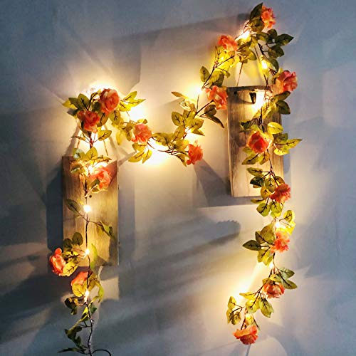 Riaxuebiy Künstliche Rose Blumen Lichterketten LED Blumen Reben Girlande 17 Blumen Fee Lampe Kranz Batterie Angetrieben für Weihnachten Hochzeitsfeier Dekoration (Champagner)