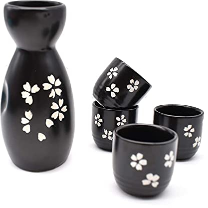 Spldsun 5 Piezas Juego de Sake Tradicional Japonés de, Juego de Sake de Cerámica, Se Puede Usar en Bistrós, Restaurantes, Reuniones Personales o como Obsequio(Negro)