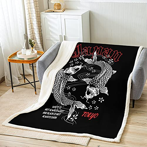 Homewish Japanischer Stil Fleece Decke Koi Fisch Decke Werfen Japan Ukiyo-E Sherpa Decke Für Kinder Jungen Mädchen Cartoon Karpfen Skizze Tokyo Fuzzy Decke Sofa Dekor 150X200 Rot Schwarz Weiß