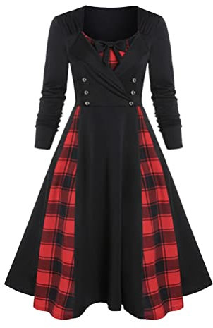 ORANDESIGNE Robe Femme de Cocktail Vintage Rockabilly Robe Plissée au Genou Manches Longues Col Carré Rétro Robes Soirée Vintage 1950's Robe de Cocktail Robe à Carreaux B Rouge XXL