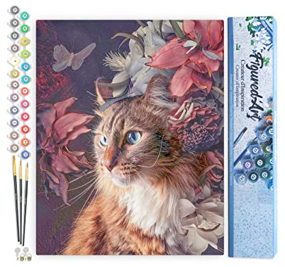 Figured'Art Peinture par Numéro Adulte Chat fleurs et papillon - Activité Manuelle Kit de Loisir Créatif DIY Numéro d'Art Complet - 40x50cm sans châssis en bois