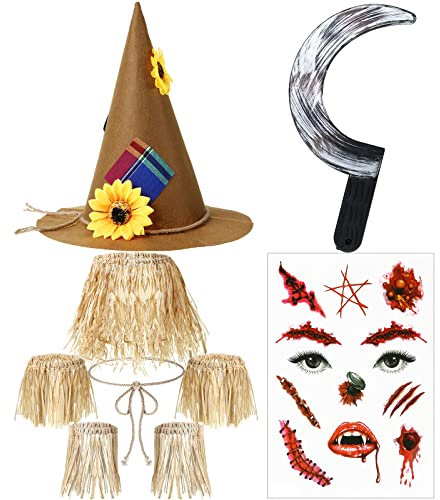 Cindeer 9 Pcs Halloween Scarecrow Costume, Including Scarecrow Hat, Raffia Scarecrow Straw Kit, Face Tattoos, Sickle Weapon Prop for Cosplay Party
