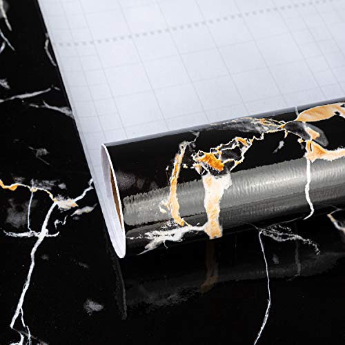 TOTIO Extra Wide Black Marble Wallpaper Shiny Thicken Granite Countertop Contact Paper 31.5x157inch Waterproof Oil Proof Self Adhesive Furniture Stickers Kitchen Bathroom Vinyl Decorative Film