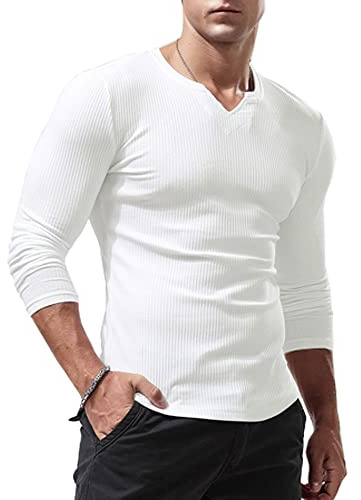 Lehmanlin Camiseta Deportiva de Manga Larga para Hombre, Cuello en V Elástico, Ajuste Musculoso, Ropa Interior Casual, Camisa Térmica de Manga Larga para Hombre de Peso Ligero