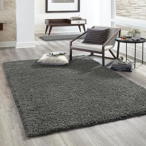 VIMODA Hochflor Teppich Prime Shaggy Langflor Wohnzimmer Schlafzimmer Modern Farben, Farbe:Anthrazit, Maße:70x140 cm