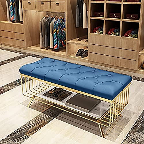 Marble and Metal Bench Shoe Cabinet, Porch Bench End Of Bed Storage Bench With Pu Leather Entry Shoe Stool,Navy Blue,80X35X45Cm(31X14X18Inch)