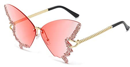 Ailovone Sonnenbrillen Schmetterlings Damen Randlose Sonnenbrille Kleines Gesicht Strass Bling Sonnenbrille Übergroßen Diamant Schmetterling Rahmenlose Sonnenbrille (Rosa)