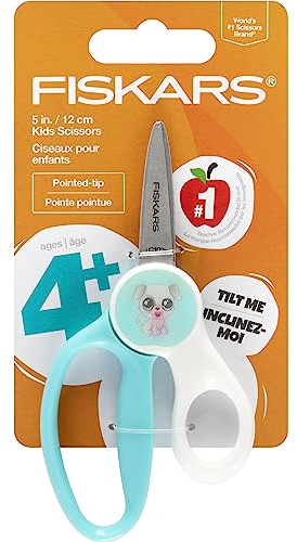 FISKARS® Magic Morph Kinderschere, Bild bewegt sich, wenn es geneigt wird, spitze Spitze für Kinder ab 4 Jahren, lustiges Welpen-Design, Schulbedarf