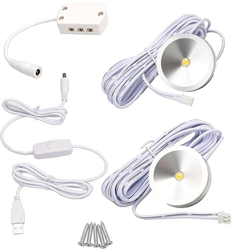 Scpopfer LED Spotlight with dimmer Indoor Mini Ultra-Thin 5V USB Breathable Surface Mounted Under Counter Lighting Wine Showcase Model Display Lamp Silver Shell Warm-White 3000K 2Pack