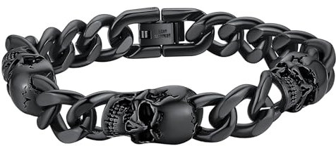 ChainsHouse Bracelet Crâne Garçon Gourmette Tete de Mort Cubaine pour Homme Personnalisable Cadeaux d’Halloween 19/21/23cm en Acier Inoxydable Chaine Maille