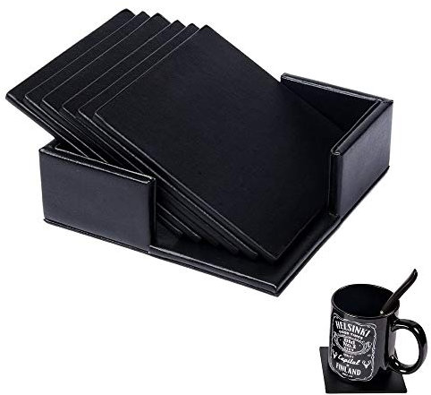 RICHSUM Juego de 6 posavasos de piel, protección de mesa y escritorio contra derrames, resistentes y antideslizantes, ideales para tazas y tazas de café de cristal, 10 cm (cuadrado negro)