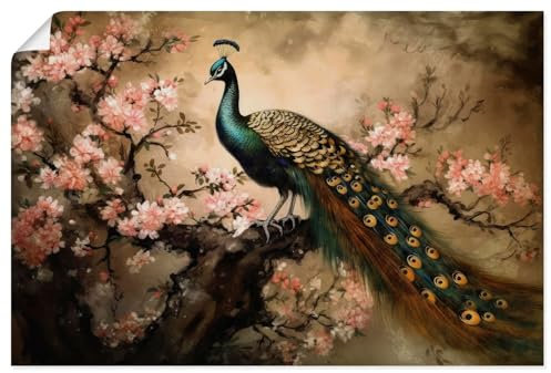 ARTLAND Wanddeko Poster & Kunstdrucke Wandposter 120x80 cm Querformat Asiatische Deko Pfau Baum Blumen Kirschblüten Vintage U4WA