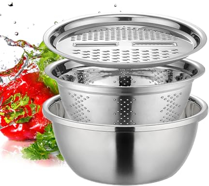 PHASZ Rallador De Cocina Multifuncional, Juego De Colador De Acero Inoxidable para Rallador De Queso, Cortador De Verduras Y Lavado De Frutas, Juego De Cuenco para Mezclar con Colador 3 En 1