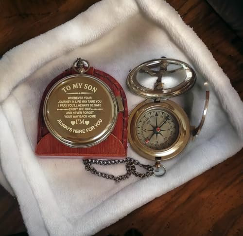 Gravierter Sonnenuhr-Kompass mit speziellem Zitat To My Son, Kompass, personalisierter Sonnenuhr-Kompass, Taufkompass, Ostergeschenk, Sonnenuhr-Kompass mit Lederetui