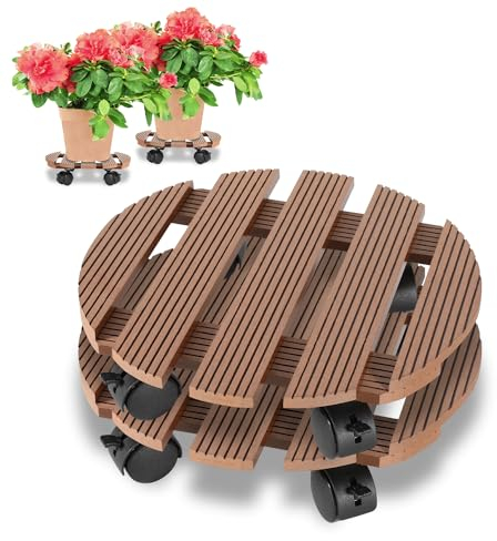 Ikodm 2X WPC Pflanzenroller Rund Ø 30 x 7,5 cm|Blumenroller mit Rollen, Rolluntersetzer Tragkraft 80 kg|Kübelroller für den Innen- und Außenbereich|Rollbrett für Pflanzen, Blumentopf (Braun)