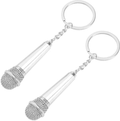 eMagTech 2PCS Microphone Keychain Microphone Keyring Silver Stainless Steel Microphone Key Chain 3D Mini Metal Microphone Key Ring Decorative Keychain, Silver, As shown in the picture