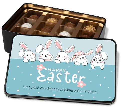 Schoko Ostergeschenk: Pralinendose personalisiert „Happy Easter“ – 5 Osterhasen – Ostergrüße Geschenk zu Ostern – Metalldose mit 12 Confiserie-Pralinen