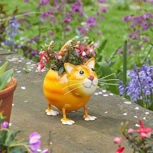 Garden Mile Novelty Cat Planter Hand Painted Metal Hard Wearing Weather Proof Animal Themed Planters Outdoor Garden Décor Flower Pots for Outdoor Decoration (Cat Planter)